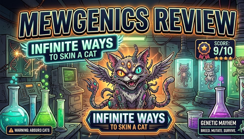 A tactical 10x10 battle grid in Mewgenics featuring mutant cats fighting a giant blob monster in the sewers.