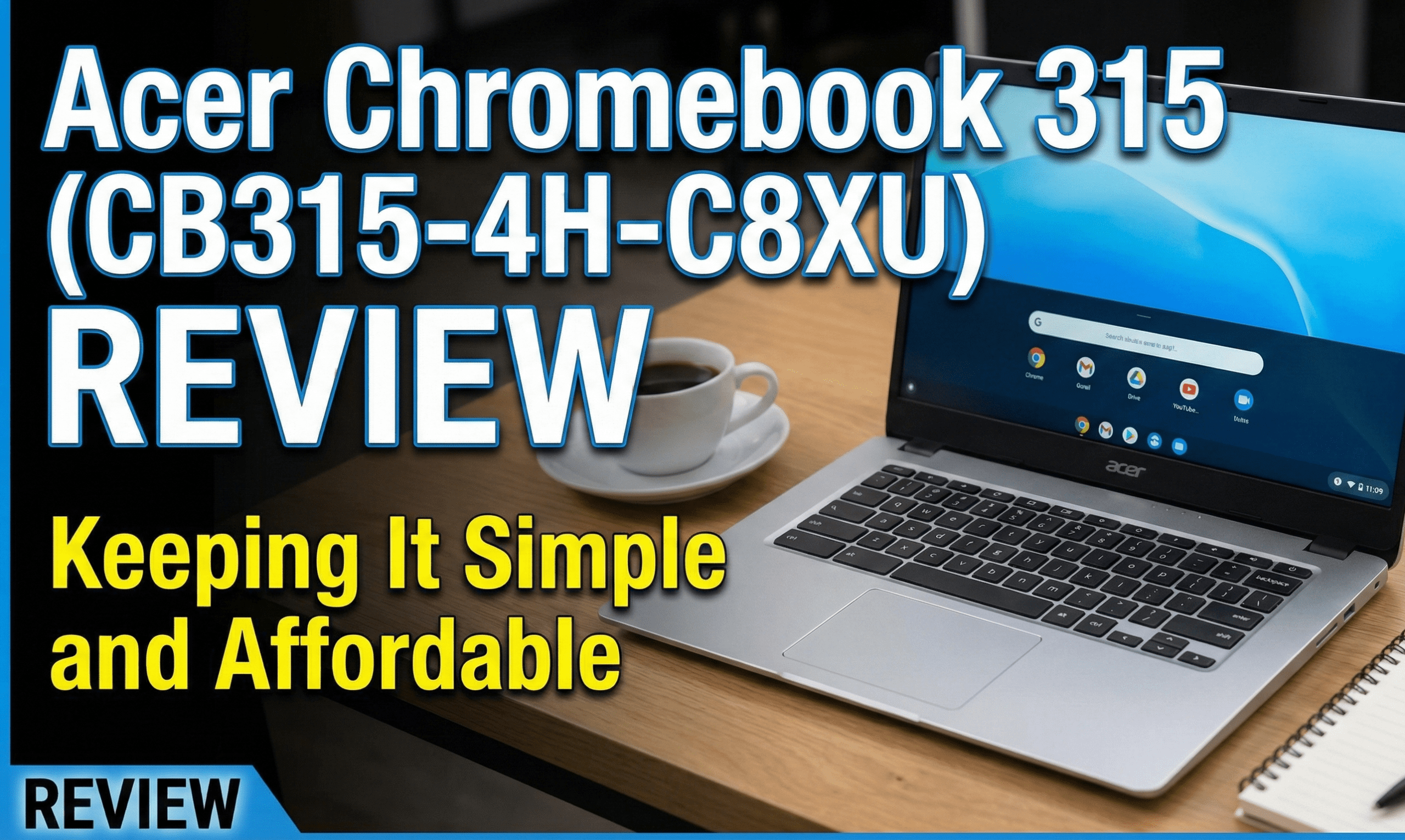 The silver Acer Chromebook 315 laptop open on a desk displaying the Chrome OS desktop.