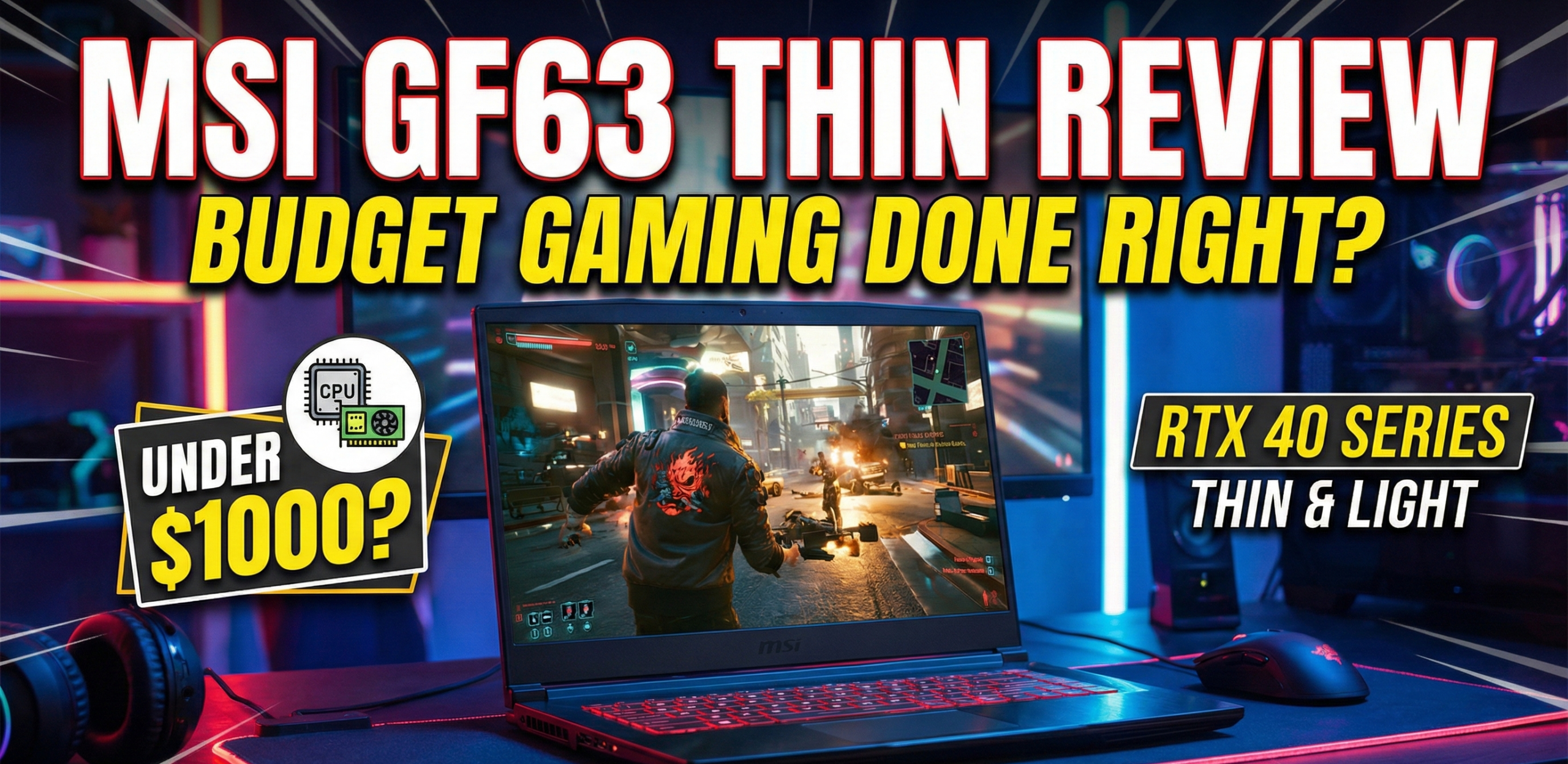 The MSI GF63 Thin laptop open on a desk displaying a video game with its red backlit keyboard glowing.