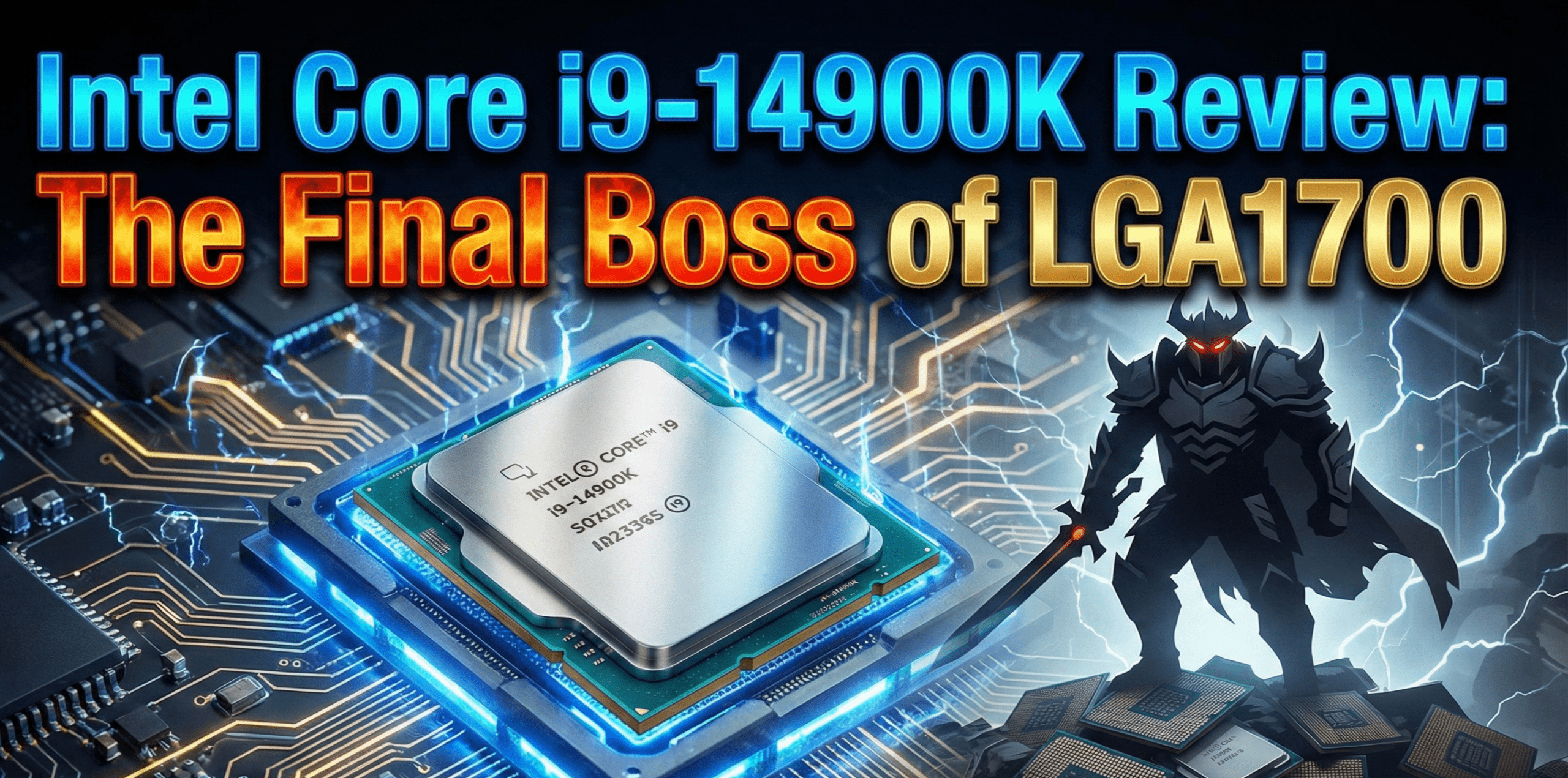 The Intel Core i9-14900K processor box sitting next to a motherboard.