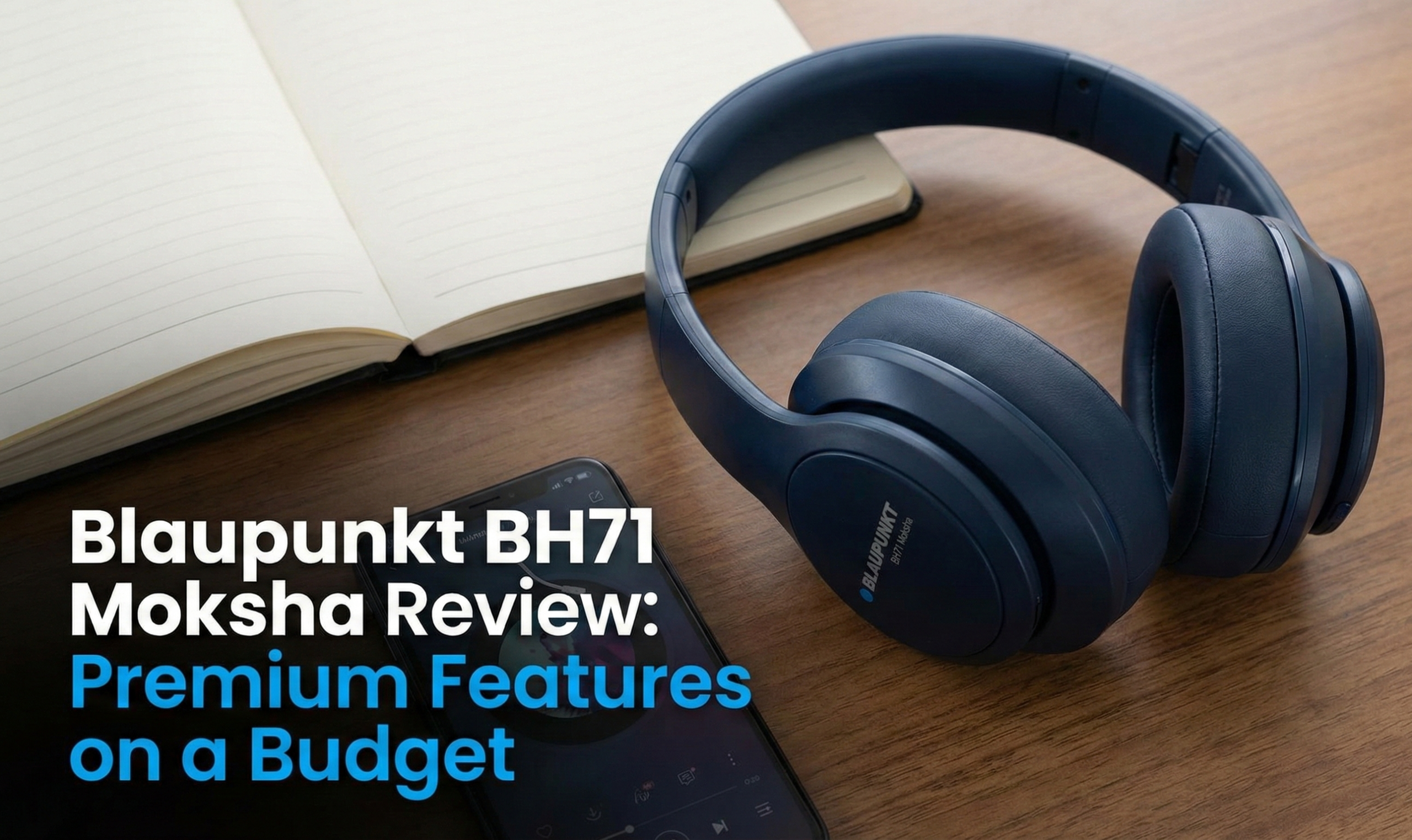 The Blaupunkt BH71 Moksha headphones folded on a desk next to a smartphone.