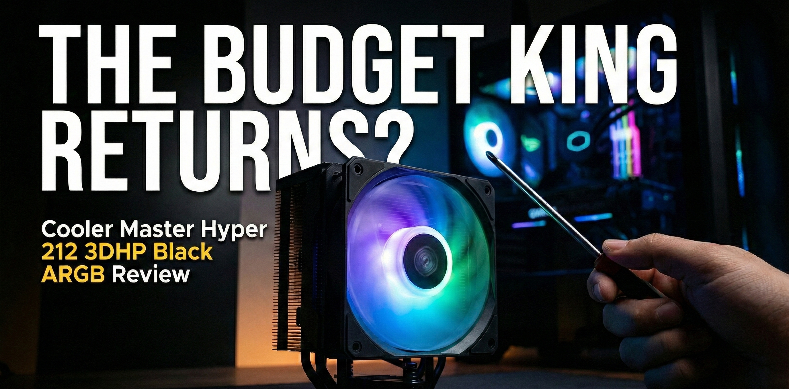 The Cooler Master Hyper 212 3DHP Black ARGB CPU cooler mounted on a motherboard with its fan illuminated in white light.