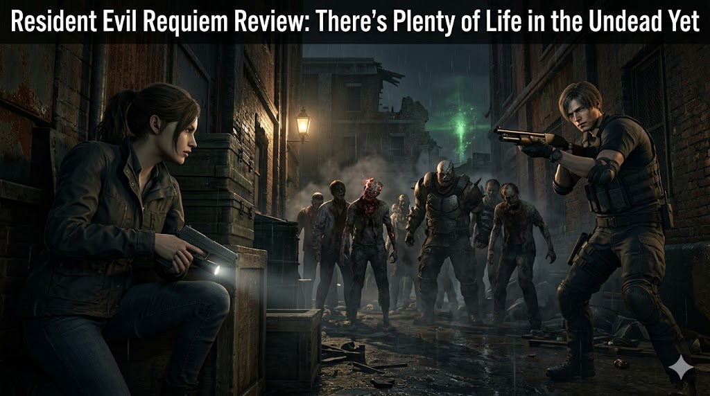 Leon Kennedy and Grace Ashcroft stand amidst the rain-drenched ruins of Raccoon City in Resident Evil Requiem.