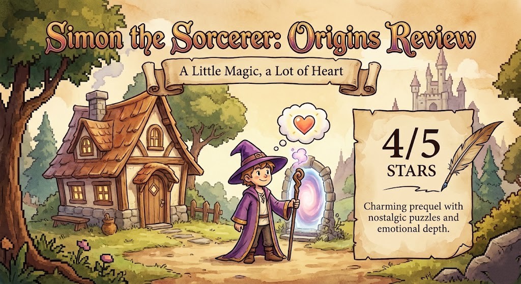 Simon the Sorcerer standing in a magical fantasy landscape wearing his classic wizard robes.