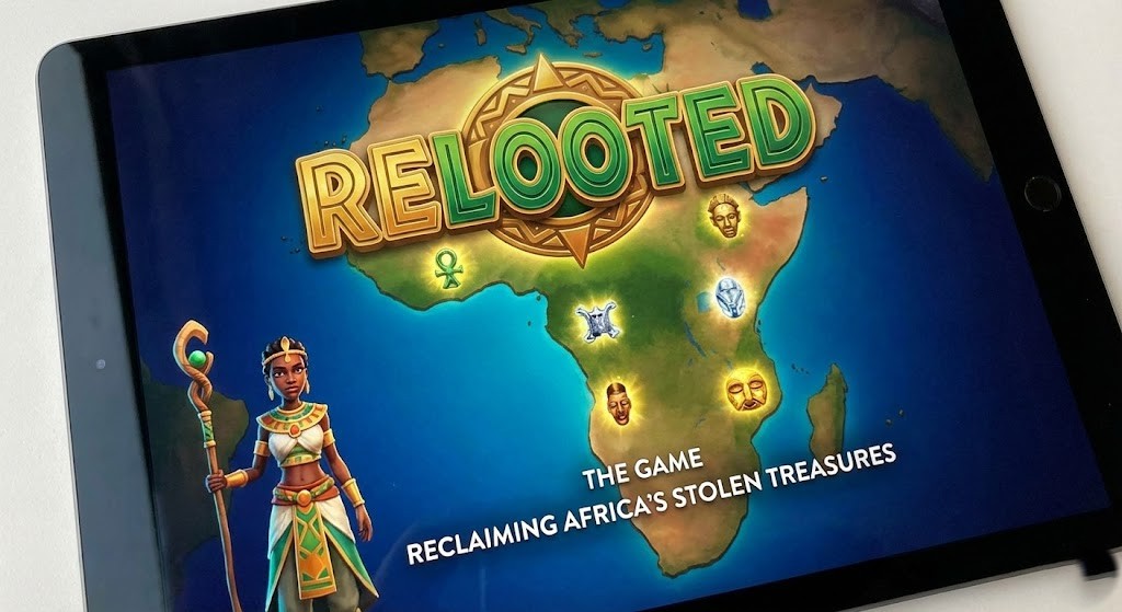 Nomali leaping through a futuristic museum to reclaim an ancient African artifact in the game Relooted.