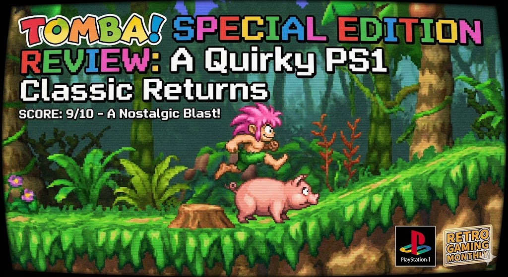 Tomba, the pink-haired cave boy, biting an evil pig in Tomba! Special Edition.