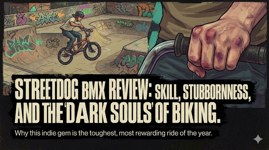 A stylized BMX rider performing a grind on a metal rail in a concrete skate park level in Streetdog BMX.