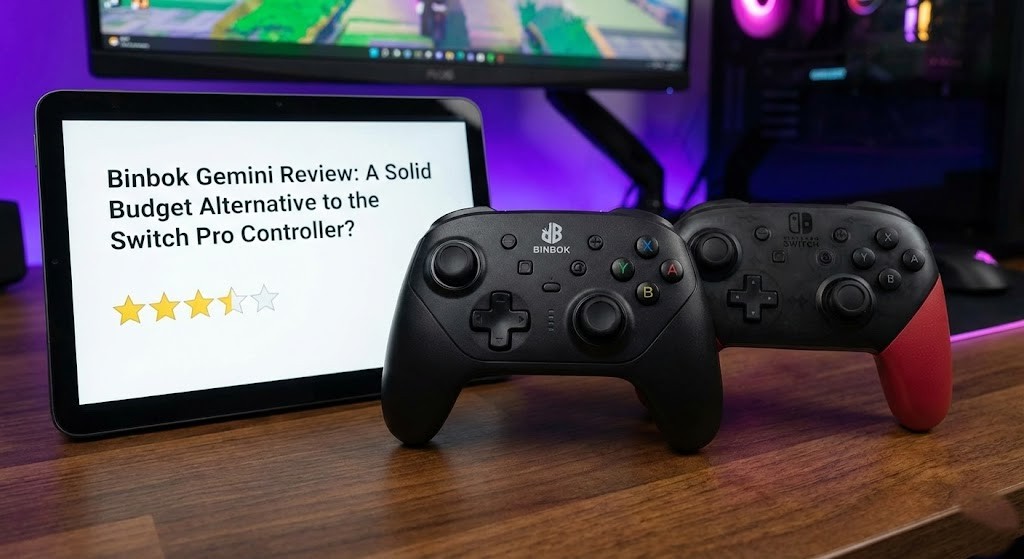 The Binbok Gemini controller in white with transparent casing and blue/pink LED lighting.