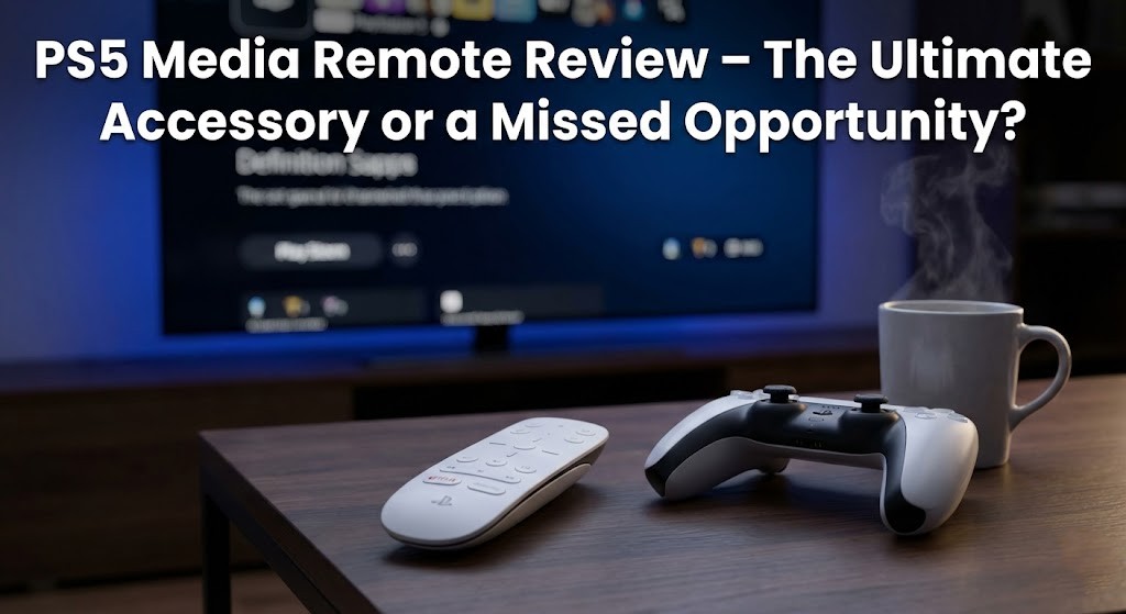 Official PlayStation 5 Media Remote standing upright next to a DualSense controller, showcasing the matching black and white design.