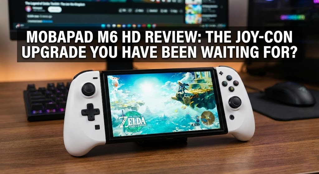 The Mobapad M6 HD controllers attached to a Nintendo Switch OLED model.