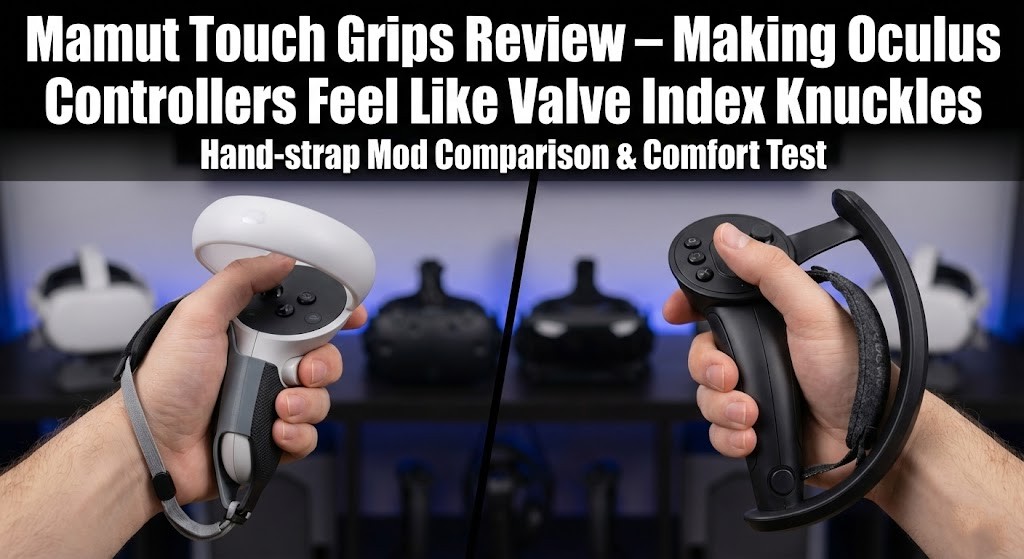 Mamut Touch Grips attached to Oculus Touch controllers, showing the black texture and strap system.
