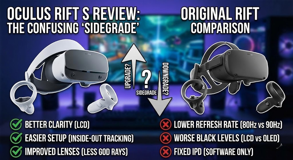 The Oculus Rift S VR headset resting on a desk next to Touch Controllers.