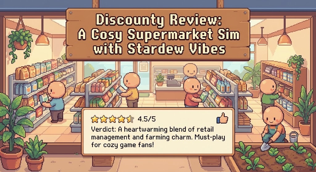 A pixel-art character restocking shelves in a colorful supermarket.